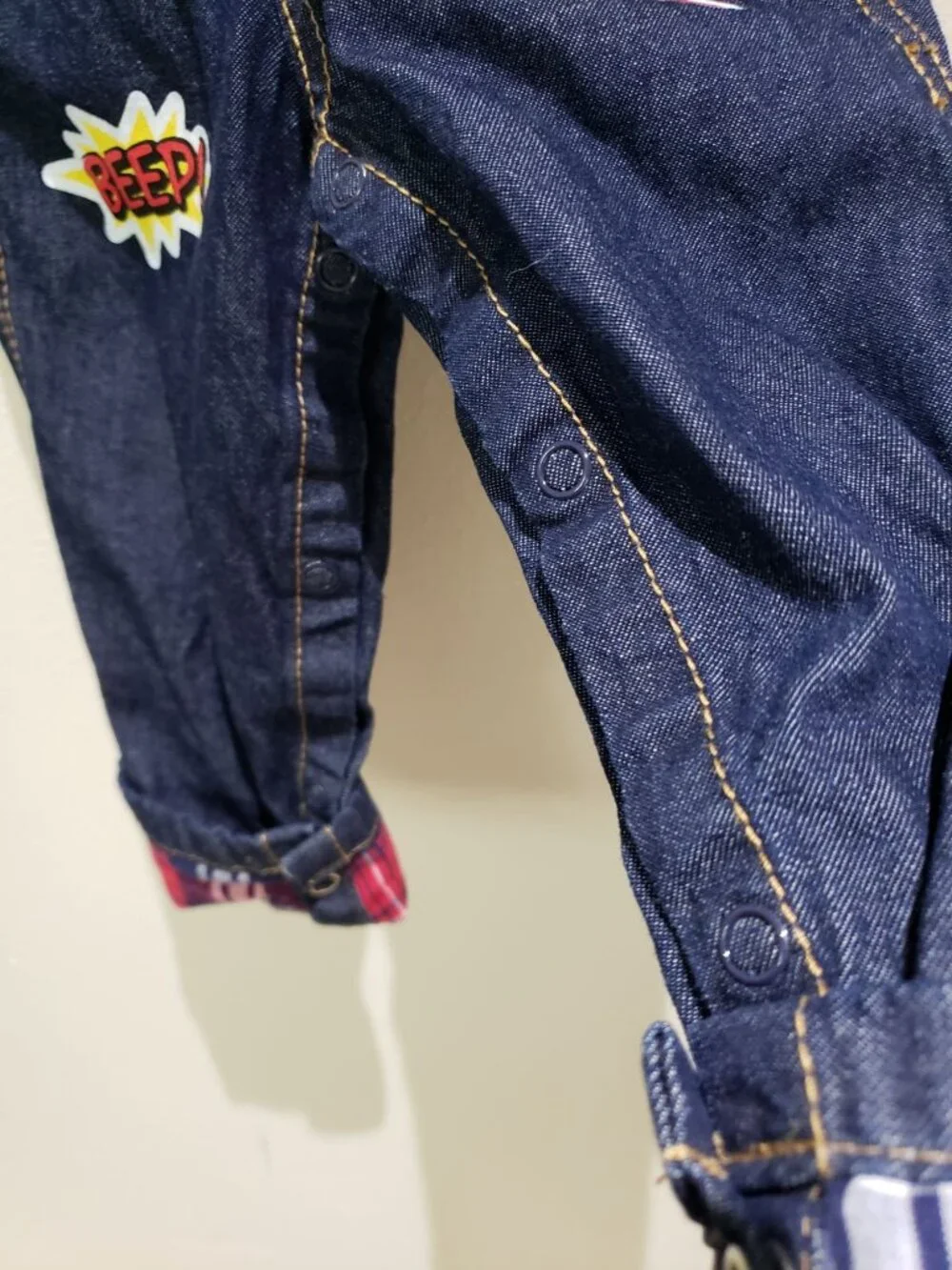 Boys Rock 100% cotton, plaid cuff, straight leg, Denim Overalls, boy size 18M